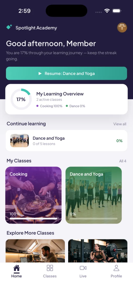 The same academy in the member app on iPhone