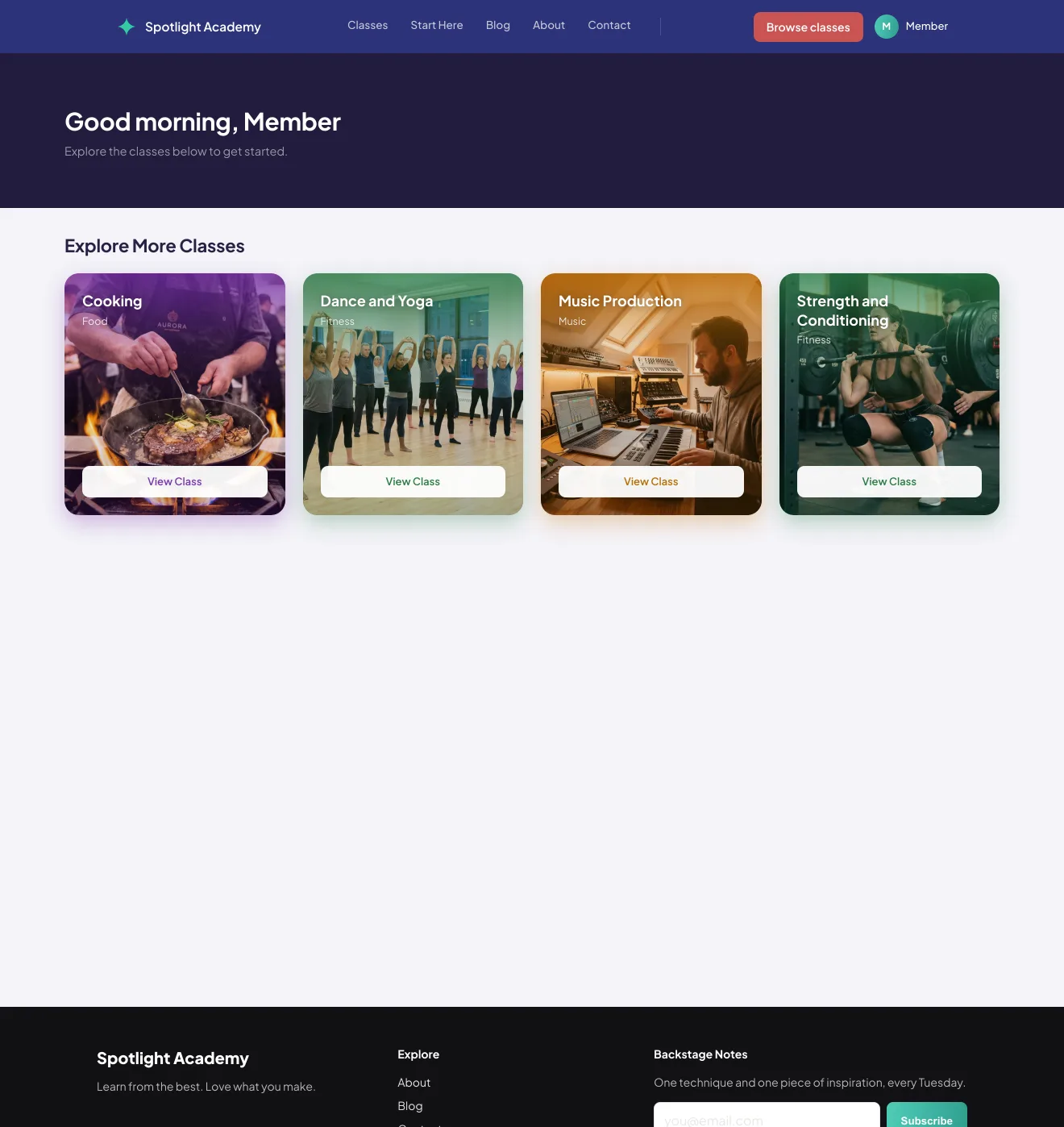 A member dashboard on a live Spotlight Academy