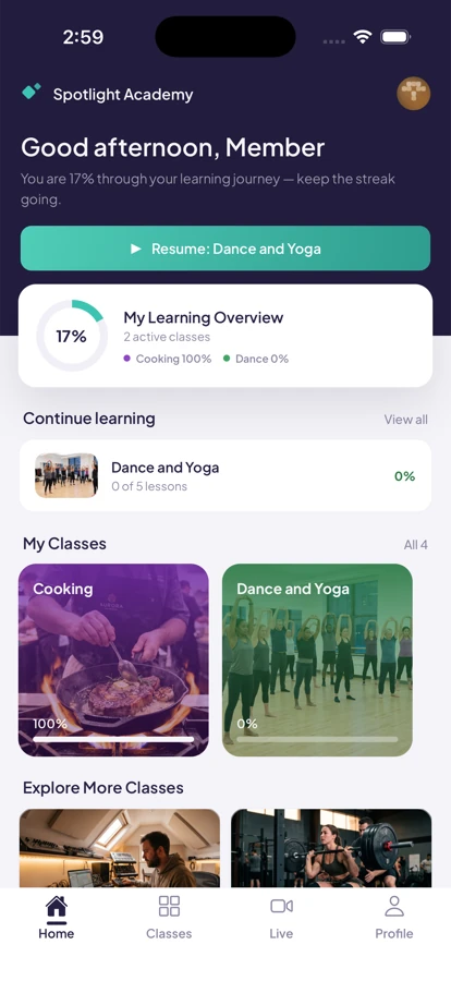 Spotlight Academy app on iPhone and Android