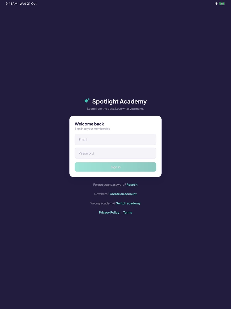 Spotlight Academy on iPad: Sign in