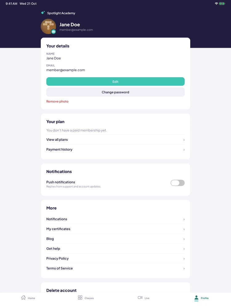 Spotlight Academy on iPad: Profile