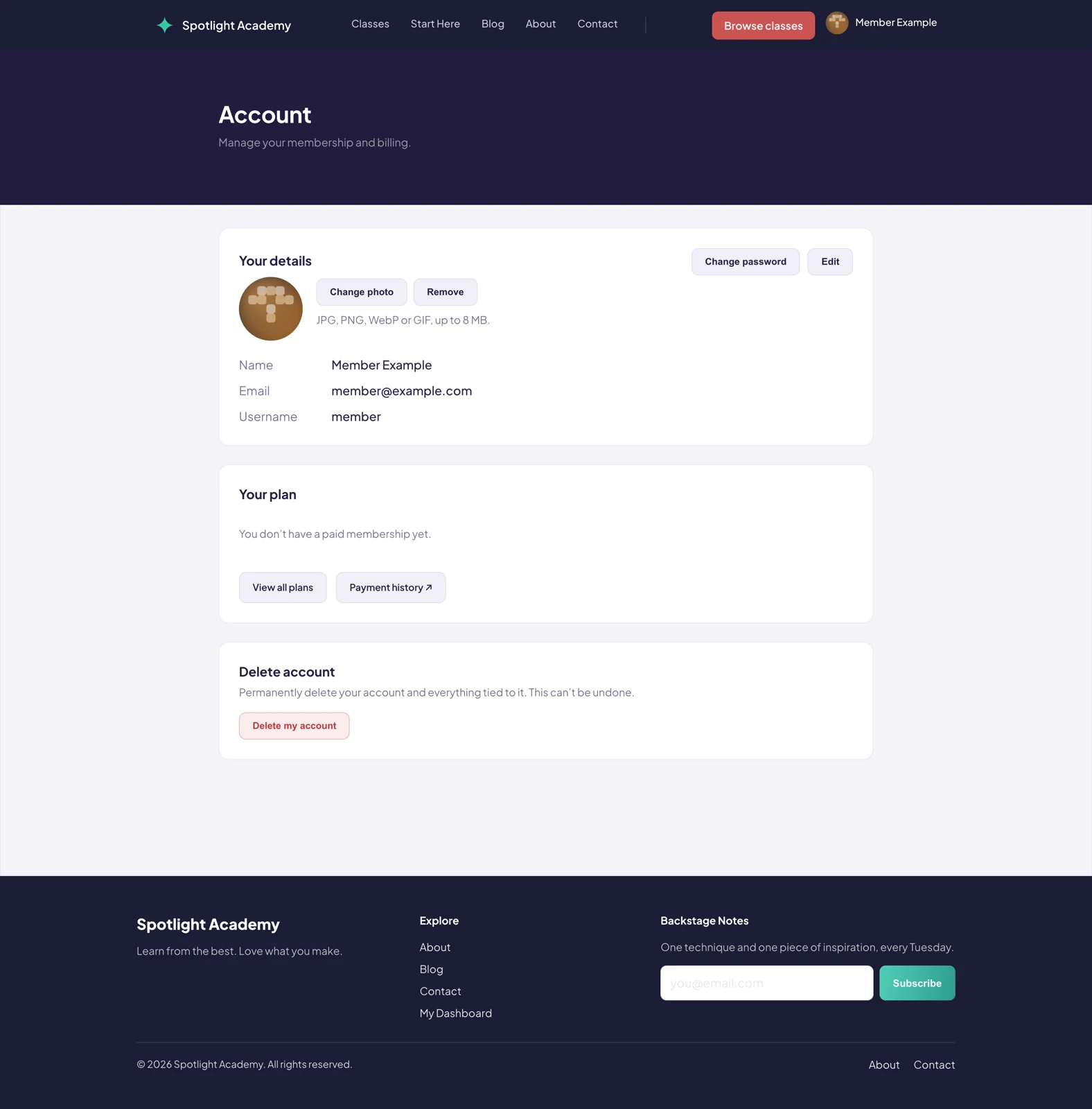 Spotlight Academy web: Account & billing